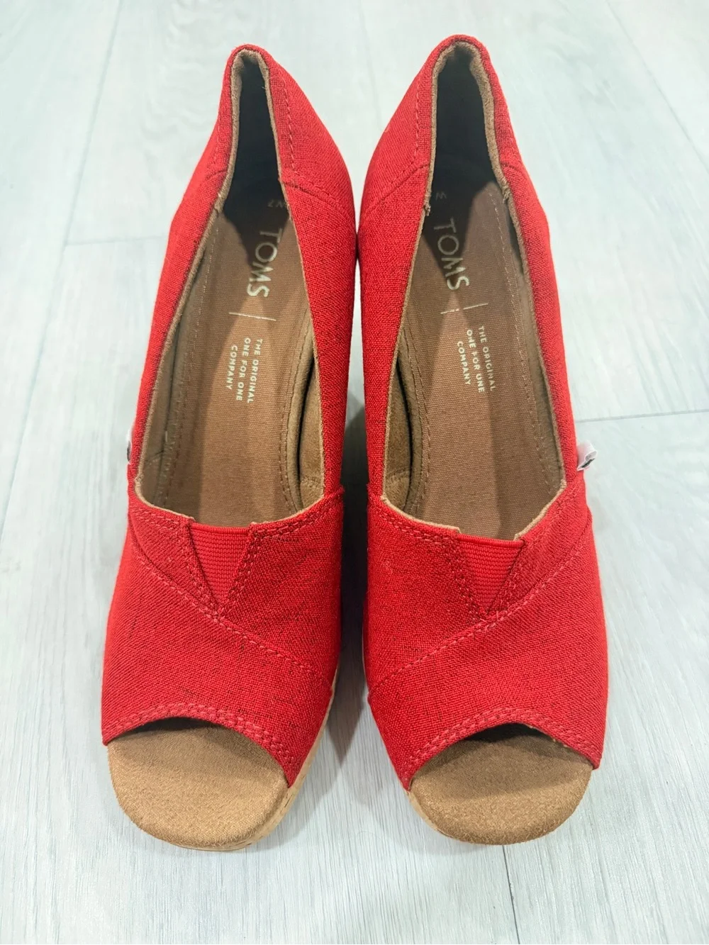 TOMS Red Canvas Cork Wedge Peep Toe Slip On Heels‎ Size 7